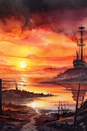 post-apocalyptic sunset at the end of the world of the new dawn aquarelle drawing , detailed, realistic, 8k uhd, high quality
, detailed, realistic, 8k uhd, high quality