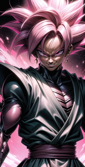 We can visualize the iconic character from the animated series Dragon Ball Super, Black Goku Rose, full power. (Pink hair: 1.9). Perfect pink eyes, with his characteristic black warrior outfit. Flashes of light and electricity colored_pink_and_light_violet surround his entire body, with an extremely cocky appearance, smiling laughter. His ki is immense and mystical in color_pink_and_light_violet. The image quality and details have to be worthy of one of the most famous villain characters in the entire history of this anime and honor him as he deserves. Which reflects the design style and details of the great Akira Toriyama. Face: 1.8, front face, house background.



(((Male:1.9))),

(Perfect hands),

PNG image format, sharp lines and edges, solid color blocks, 300+ dpi dots per inch, 32k ultra high definition, 530 MP, Fujifilm XT3, cinematic (photorealistic: 1.6), 4D, professional color photos High Definition RAW, Photography, Masterpiece, Realistic, ProRAW, Realism, Photorealism, High Contrast, Digital Art Trending on Artstation Ultra High Definition Detailed Realistic, Detailed, Skin Texture, Hyper Detailed, Realistic Skin Texture, Facial Features , armor, best quality, ultra-high resolution, high resolution, detailed and raw photo, sharp resolution, rich lens colors, hyper-realistic realistic texture, dramatic lighting, unreal trends, ultra-sharp pictorial technique (sharpness, definition and photographic precision), (harmonious contrast, depth and light details), (features, proportions, colors and textures at their highest degree of realism), (blurred background, clean and uncluttered visual aesthetics, sense of depth and dimension, professional and polished appearance of the image), work of beauty and complexity. perfectly symmetrical body. (aesthetic + beautiful + harmonious: 1.5), (ultra detailed face, ultra detailed perfect eyes, ultra detailed mouth, ultra detailed body, ultra detailed perfect hands, ultra detailed clothes, ultra detailed background, ultra detailed landscape: 1.5), Detail_master_XL:0.9,SDXLanime:0.8,LineAniRedmondV2-Lineart-LineAniAF:0.8,EpicAnimeDreamscapeXL:0.8,ManimeSDXL:0.8,Midjourney_Style_Special_Edition_0001:0.8,animeoutlineV4_16:0.8,perfect_light_colors:0.8,SAIYA, Super Saiyan, ROSEV2,yuzu2:0.3,SAIYA_赛亚人:0.8