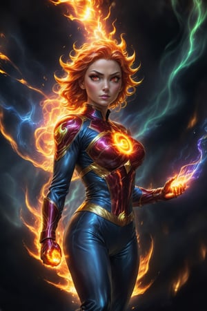 anime:1.9, cartoon:1.9, Imagine a dynamic scene featuring of iconic DC Comics character, enchantress mixed lady_human torch, heroin, superhero, fire deity, muscular, athleticism, combustion, energy, smoke, ashes. Firehair. (fire Eyes:1.6). (incandescent fireball in his hands:1.6). ((concentration of fire in her upright right hand, she is prepared to attack)). ((fire lit in the palms of his hands)). Visualize him engulfed in flames, sexy pose, very big breast, swinging, radiating with fiery intensity. ((fire-colored suit with red details)). ((His body burns with great intensity, emitting light and heat, burning in flames)). Craft a prompt for a super detailed, 16k Ultra HDR image capturing the essence of Human Torch's blazing presence – perfect face, flames, and dynamic pose. (brightness, vibe, vitality, energy, halo, halo, aura:1.5), (arms wrapped in flames, fire). flashes of fire surround his body. Choose a background that complements his character, creating a cinematic masterpiece with high realism and top-notch image quality, fire element:1.5, 3d_toon_xl:0.2, xl-shanbailing-1003fire-000010:0.6, demonictech:0.1, MagmaTech:0.1human on fire:1.2, feh:0.4, firepunch:1.3, zeldaALBW:0.1, makioze:0.4, fire_lit_DC:0.5, DonMF1re:0.5, FireAI:0.6, Cursed energy:0.5, XieS:0.3, r1ge - AnimeRage:1.3,JuggerCineXL2:0.6, add_detail:0.6,3d toon style