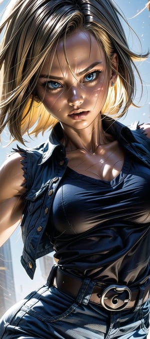 We can visualize the iconic character from the animated series Dragon Ball Z, Old Android 18, full power. (yellow hair:1.9). Perfect blue eyes, with his characteristic traje (She wears a black sleeveless shirt, a striped shirt, a dark blue denim vest, a blue denim skirt, and a brown leather belt with a large buckle:1.7). Flashes of light and electricity surround his entire body, serious and calculating look. His ki is immense and mystical. He is at the culmination of a great battle for the fate of planet Earth and you can see his wounded body. The image quality and details have to be worthy of one of the most famous characters in all of anime history and honor him as he deserves. which reflects the design style and details of the great Akira Toriyama. face front portrait, city_street background 



PNG image format, sharp lines and borders, solid blocks of colors, over 300ppp dots per inch, 32k ultra high definition, 530MP, Fujifilm XT3, cinematographic, (photorealistic:1.6), 4D, High definition RAW color professional photos, photo, masterpiece, realistic, ProRAW, realism, photorealism, high contrast, digital art trending on Artstation ultra high definition detailed realistic, detailed, skin texture, hyper detailed, realistic skin texture, facial features, armature, best quality, ultra high res, high resolution, detailed, raw photo, sharp re, lens rich colors hyper realistic lifelike texture dramatic lighting unrealengine trending, ultra sharp, pictorial technique, (sharpness, definition and photographic precision), (contrast, depth and harmonious light details), (features, proportions, colors and textures at their highest degree of realism), (blur background, clean and uncluttered visual aesthetics, sense of depth and dimension, professional and polished look of the image), work of beauty and complexity. perfectly symmetrical body.
(aesthetic + beautiful + harmonic:1.5), (ultra detailed face, ultra detailed perfect eyes, ultra detailed mouth, ultra detailed body, ultra detailed perfect hands, ultra detailed clothes, ultra detailed background, ultra detailed scenery:1.5),



detail_master_XL:0.9,SDXLanime:0.8,LineAniRedmondV2-Lineart-LineAniAF:0.8,EpicAnimeDreamscapeXL:0.8,ManimeSDXL:0.8,Midjourney_Style_Special_Edition_0001:0.8,animeoutlineV4_16:0.8,perfect_light_colors:0.8,SAIYA,Super saiyan 3,yuzu2:0.3, android_18_v110:0.8,super Saiyan