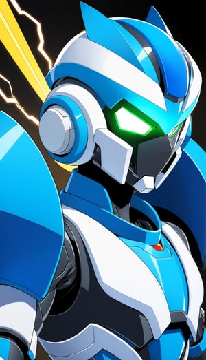alone, looking at viewer, gloves, 1 boy, mouth closed, green eyes, upper body, male focus, white gloves, shadow_helmet, serious, android, arm cannon, blade, electricity, darkness, zero \(mega man\), hyper_armored, style Akira Kitamura design, perfect details, perfect lines, hyper detailed,Anime,SDXL