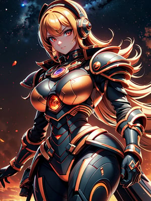 European and American women, A fashion model, ultimate shadow warrior armor:1:9, hyper ultra mega armor full power:1.9, tech, strong, warrior, space, war, full, imperial, buster, Glamour, princess, royalty, boss, master battle, Blonde hair, Brown eyes, (cosmic background), 8K, High quality, Masterpiece, Best quality, HD, Extremely detailed, voluminetric lighting, Photorealistic,perfecteyes,3DMM,DonMCyb3rN3cr0XL  ,demonictech