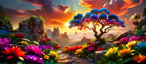 scenery, landscape, starry sky, flowers, tree, plant, outdoors, cloud, no humans, crystal, gems, diamonds, sunset, rock, sun, epic, futuristic, unreal, fantastic, future, fantasy, perfect, hyper detailed, realistic design, real details, reality, Perfect proportions, Strong brightness, intricate details, vibrant colors, detailed shadows, PNG image format, sharp lines and borders, solid blocks of colors, over 300ppp dots per inch, cinematographic, (photorealistic:1.9), High definition RAW color professional photos, photo, masterpiece, realistic, ProRAW, realism, photorealism, high contrast, digital art trending on Artstation ultra high definition detailed realistic, detailed, hyper detailed, realistic texture, best quality, ultra high res, high resolution, detailed, raw photo, sharp re, lens rich colors hyper realistic lifelike texture dramatic lighting unrealengine trending, ultra sharp, (sharpness, definition and photographic precision), (contrast, depth and harmonious light details), (textures at their highest degree of realism), (colors at their highest degree of realism), (proportions at their maximum degree of realism), (features at their highest degree of realism), (blur background, clean and uncluttered visual aesthetics, sense of depth and dimension, professional and polished look of the image), work of beauty and complexity. (aesthetic + beautiful + harmonic:1.5), (ultra detailed background, ultra detailed scenery, ultra detailed landscape:1.5), photographic fidelity and precision, reality, minute detail, clean image, exact image, polished shading, detailed shading, three-dimensional, strong colors, metallic colors, polychromatic tonal scale, wide tonal scale,Landscape,Background,Scenery