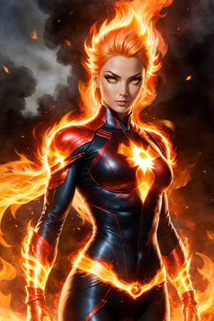 anime:1.9, cartoon:1.9, Imagine a dynamic scene featuring of iconic DC Comics character, enchantress mixed lady_human torch, heroin, superhero, fire deity, muscular, athleticism, combustion, energy, smoke, ashes. Firehair. (fire Eyes:1.6). (incandescent fireball in his hands:1.6). ((concentration of fire in her upright right hand, she is prepared to attack)). ((fire lit in the palms of his hands)). Visualize him engulfed in flames, sexy pose, very big breast, swinging, radiating with fiery intensity. ((fire-colored suit with red details)). ((His body burns with great intensity, emitting light and heat, burning in flames)). Craft a prompt for a super detailed, 16k Ultra HDR image capturing the essence of Human Torch's blazing presence – perfect face, flames, and dynamic pose. (brightness, vibe, vitality, energy, halo, halo, aura:1.5), (arms wrapped in flames, fire). flashes of fire surround his body. Choose a background that complements his character, creating a cinematic masterpiece with high realism and top-notch image quality, fire element:1.5,3d_toon_xl:0.2, xl-shanbailing-1003fire-000010:0.6, demonictech:0.1, MagmaTech:0.1human on fire:1.2, feh:0.4, firepunch:1.3, zeldaALBW:0.1, makioze:0.4, fire_lit_DC:0.5, DonMF1re:0.5, FireAI:0.6, Cursed energy:0.5, XieS:0.3, r1ge - AnimeRage:1.3, :JuggerCineXL2:0.6,add_detail:0.6,3d toon style,Movie Still,DonMCyb3rN3cr0XL-000009:0.3