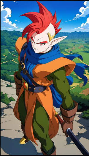 1boy, Tapion, character, Anime series Dragon Ball Z, style design Akira Toriyama, male focus, serious, frown, perfect facial features, colored skin, closed eyes, pointy ears, spiked hair, red hair, cloud, belt, tunic, full body, boots, instrument, sword, blue scarf, brown gloves, circlet, full body, standing, playing instrument, 1990s \(style\), retro artstyle, perfect lines, perfect color, perfect, hyper detailed, artstyle, official style, cartoon,




Perfect proportions, Strong brightness, intricate details, vibrant colors, detailed shadows, perfect borders,

PNG image format, sharp lines and borders, solid blocks of colors, over 300ppp dots per inch, (anime:1.9), 2D, High definition RAW color professional photos, photo, masterpiece, ProRAW, high contrast, digital art trending on Artstation ultra high definition detailed anime, detailed, hyper detailed, best quality, ultra high res, high resolution, detailed, sharp re, lens rich colors, ultra sharp, (sharpness, definition and photographic precision), (blur background, clean and uncluttered visual aesthetics, sense of depth and dimension, professional and polished look of the image), work of beauty and complexity. (aesthetic + beautiful + harmonic:1.5), (ultra detailed background, ultra detailed scenery, ultra detailed landscape:1.5),
fidelity and precision,
minute detail, clean image, exact image, polished shading, detailed shading, polychromatic tonal scale, wide tonal scale,

