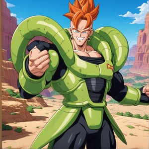 1boy, Android 16, character, male focus, Anime series Dragon Ball Z, style Akira Toriyama design, face features, male, hyper muscular, (posing 3), upper body, colored skin, blue eyes, spiked hair, orange hair, smile, green armor, black bodysuit, earrings,  1990s \(style\), retro artstyle, perfect lines, perfect color, perfect, hyper detailed, artstyle, official style, cartoon, perfect armor,




Perfect proportions, Strong brightness, intricate details, vibrant colors, detailed shadows, perfect borders,

PNG image format, sharp lines and borders, solid blocks of colors, over 300ppp dots per inch, (anime:1.9), 2D, High definition RAW color professional photos, photo, masterpiece, ProRAW, high contrast, digital art trending on Artstation ultra high definition detailed anime, detailed, hyper detailed, best quality, ultra high res, high resolution, detailed, sharp re, lens rich colors, ultra sharp, (sharpness, definition and photographic precision), (blur background, clean and uncluttered visual aesthetics, sense of depth and dimension, professional and polished look of the image), work of beauty and complexity. (aesthetic + beautiful + harmonic:1.5), (ultra detailed background, ultra detailed scenery, ultra detailed landscape:1.5),
fidelity and precision,
minute detail, clean image, exact image, polished shading, detailed shading, polychromatic tonal scale, wide tonal scale,SDXL