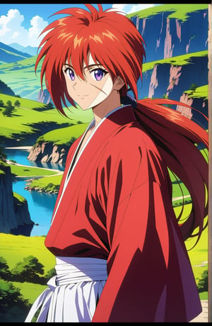 (masterpiece, best quality, ultra HD anime quality, super high resolution, 1980s/(style), retro, anatomically accurate, perfect anatomy), (Himura Kenshin), one boy, solo, (red hair, long hair, low ponytail, thick bangs between eyes, messy hair, purple eyes, highly detailed eyes, facial scar, smiling), highly detailed face, mouth slightly open, looking at camera, red kimono, katana, upper body, wearing straw sandals, white hakama pants, side view,





Perfect proportions, Strong brightness, intricate details, vibrant colors, detailed shadows, perfect borders,

PNG image format, sharp lines and borders, solid blocks of colors, over 300ppp dots per inch, (anime:1.9), 2D, High definition RAW color professional photos, photo, masterpiece, ProRAW, high contrast, digital art trending on Artstation ultra high definition detailed anime, detailed, hyper detailed, best quality, ultra high res, high resolution, detailed, sharp re, lens rich colors, ultra sharp, (sharpness, definition and photographic precision), (blur background, clean and uncluttered visual aesthetics, sense of depth and dimension, professional and polished look of the image), work of beauty and complexity. (aesthetic + beautiful + harmonic:1.5), (ultra detailed background, ultra detailed scenery, ultra detailed landscape:1.5),
fidelity and precision,
minute detail, clean image, exact image, polished shading, detailed shading, polychromatic tonal scale, wide tonal scale,Character