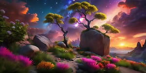 scenery, landscape, starry sky, flowers, tree, plant, outdoors, cloud, no humans, diamonds, sunset, rock, sun, epic, futuristic, unreal, fantastic, future, fantasy, perfect, hyper detailed, realistic design, real details, reality, Perfect proportions, Strong brightness, intricate details, vibrant colors, detailed shadows, PNG image format, sharp lines and borders, solid blocks of colors, over 300ppp dots per inch, cinematographic, (photorealistic:1.9), High definition RAW color professional photos, photo, masterpiece, realistic, ProRAW, realism, photorealism, high contrast, digital art trending on Artstation ultra high definition detailed realistic, detailed, hyper detailed, realistic texture, best quality, ultra high res, high resolution, detailed, raw photo, sharp re, lens rich colors hyper realistic lifelike texture dramatic lighting unrealengine trending, ultra sharp, (sharpness, definition and photographic precision), (contrast, depth and harmonious light details), (textures at their highest degree of realism), (colors at their highest degree of realism), (proportions at their maximum degree of realism), (features at their highest degree of realism), (blur background, clean and uncluttered visual aesthetics, sense of depth and dimension, professional and polished look of the image), work of beauty and complexity. (aesthetic + beautiful + harmonic:1.5), (ultra detailed background, ultra detailed scenery, ultra detailed landscape:1.5), photographic fidelity and precision, reality, minute detail, clean image, exact image, polished shading, detailed shading, three-dimensional, strong colors, metallic colors, polychromatic tonal scale, wide tonal scale,Landscape,Background,Scenery