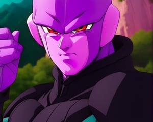 1boy, Hitto, alien, character, Anime series Dragon Ball Super, style design Akira Toriyama, male focus, perfect hands, perfect facial features, colored skin, (light_purple skin), red eyes, black belt, long black suit, teal body suit, black boots, black armor, no gloves,  looking at viewer, perfect lines, perfect color, perfect, hyper detailed, artstyle, official style, cartoon, Perfect proportions, Strong brightness, intricate details, vibrant colors, detailed shadows, perfect borders, (forest background), 



PNG image format, sharp lines and borders, solid blocks of colors, over 300ppp dots per inch, (anime:1.9), 2D, High definition RAW color professional photos, photo, masterpiece, ProRAW, high contrast, digital art trending on Artstation ultra high definition detailed anime, detailed, hyper detailed, best quality, ultra high res, high resolution, detailed, sharp re, lens rich colors, ultra sharp, (sharpness, definition and photographic precision), (blur background, clean and uncluttered visual aesthetics, sense of depth and dimension, professional and polished look of the image), work of beauty and complexity. (aesthetic + beautiful + harmonic:1.5), (ultra detailed background, ultra detailed scenery, ultra detailed landscape:1.5), fidelity and precision, minute detail, clean image, exact image, polished shading, detailed shading, polychromatic tonal scale, wide tonal scale,ANIME,photorealistic,Hit,Dragon