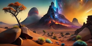 scenery, landscape, sky, sky_space, tree, exotic_plant, desert, comet, horror, night, blue_concept, outdoors, cloud, no humans, gems, sunset, rock, volcano, galaxy, epic, futuristic, unreal, fantastic, future, fantasy, perfect, hyper detailed, realistic design, real details, reality, Perfect proportions, Strong brightness, intricate details, vibrant colors, detailed shadows, PNG image format, sharp lines and borders, solid blocks of colors, over 300ppp dots per inch, cinematographic, (photorealistic:1.9), High definition RAW color professional photos, photo, masterpiece, realistic, ProRAW, realism, photorealism, high contrast, digital art trending on Artstation ultra high definition detailed realistic, detailed, hyper detailed, realistic texture, best quality, ultra high res, high resolution, detailed, raw photo, sharp re, lens rich colors hyper realistic lifelike texture dramatic lighting unrealengine trending, ultra sharp, (sharpness, definition and photographic precision), (contrast, depth and harmonious light details), (textures at their highest degree of realism), (colors at their highest degree of realism), (proportions at their maximum degree of realism), (features at their highest degree of realism), (blur background, clean and uncluttered visual aesthetics, sense of depth and dimension, professional and polished look of the image), work of beauty and complexity. (aesthetic + beautiful + harmonic:1.5), (ultra detailed background, ultra detailed scenery, ultra detailed landscape:1.5), photographic fidelity and precision, reality, minute detail, clean image, exact image, polished shading, detailed shading, three-dimensional, strong colors, metallic colors, polychromatic tonal scale, wide tonal scale,Landscape,Background,Scenery