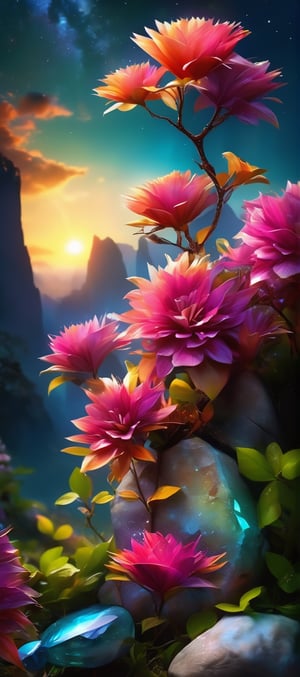 scenery, landscape, starry sky, flowers, tree, plant, outdoors, cloud, no humans, crystal, gems, diamonds, sunset, rock, sun, epic, futuristic, unreal, fantastic, future, fantasy, perfect, hyper detailed, realistic design, real details, reality, Perfect proportions, Strong brightness, intricate details, vibrant colors, detailed shadows, PNG image format, sharp lines and borders, solid blocks of colors, over 300ppp dots per inch, cinematographic, (photorealistic:1.9), High definition RAW color professional photos, photo, masterpiece, realistic, ProRAW, realism, photorealism, high contrast, digital art trending on Artstation ultra high definition detailed realistic, detailed, hyper detailed, realistic texture, best quality, ultra high res, high resolution, detailed, raw photo, sharp re, lens rich colors hyper realistic lifelike texture dramatic lighting unrealengine trending, ultra sharp, (sharpness, definition and photographic precision), (contrast, depth and harmonious light details), (textures at their highest degree of realism), (colors at their highest degree of realism), (proportions at their maximum degree of realism), (features at their highest degree of realism), (blur background, clean and uncluttered visual aesthetics, sense of depth and dimension, professional and polished look of the image), work of beauty and complexity. (aesthetic + beautiful + harmonic:1.5), (ultra detailed background, ultra detailed scenery, ultra detailed landscape:1.5), photographic fidelity and precision, reality, minute detail, clean image, exact image, polished shading, detailed shading, three-dimensional, strong colors, metallic colors, polychromatic tonal scale, wide tonal scale,Landscape,Background,Scenery
