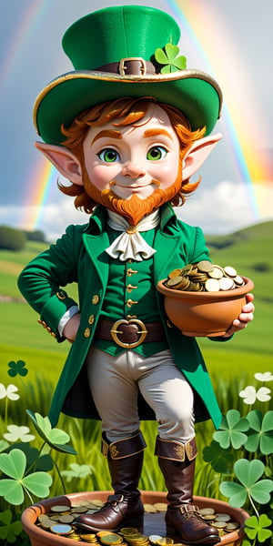 Realistic, extremely details, extremely intrincate, (male_old:1.9), solo, (((1male_Leprechaun_elf_old_chibi_small_dwarf:1.9))), (reddish curly hair), (reddish eyebrows, beard and sideburns), fantasy, (St. Patrick's Day Deluxe Costume Set: Bright green jacket, silver buttons, green leggings, large brown shoes with chunky silver buckles, and high-crowned green tricorn hat:1.9), (clay pot full of gold coins, golden horseshoe:1.9), (in his right hand holding a four-leaf clover:1.9), perfect face, perfect eyes, perfect_arms, perfect hands, perfect legs, wearing an intricate details, (fields_ireland_rainbow_background:1.9), (((full_body:1.9))),CELTS
