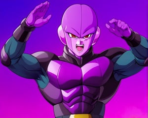 1boy, Hitto, alien, character, Anime series Dragon Ball Super, style design Akira Toriyama, male focus, perfect hands, (arms up), frown, open mouth, teeth, perfect facial features, colored skin, (light_purple skin), red eyes, black belt, long black suit, teal body suit, black boots, black armor, no gloves,  looking at viewer, perfect lines, perfect color, perfect, hyper detailed, artstyle, official style, cartoon, Perfect proportions, Strong brightness, intricate details, vibrant colors, detailed shadows, perfect borders, (forest background), 



PNG image format, sharp lines and borders, solid blocks of colors, over 300ppp dots per inch, (anime:1.9), 2D, High definition RAW color professional photos, photo, masterpiece, ProRAW, high contrast, digital art trending on Artstation ultra high definition detailed anime, detailed, hyper detailed, best quality, ultra high res, high resolution, detailed, sharp re, lens rich colors, ultra sharp, (sharpness, definition and photographic precision), (blur background, clean and uncluttered visual aesthetics, sense of depth and dimension, professional and polished look of the image), work of beauty and complexity. (aesthetic + beautiful + harmonic:1.5), (ultra detailed background, ultra detailed scenery, ultra detailed landscape:1.5), fidelity and precision, minute detail, clean image, exact image, polished shading, detailed shading, polychromatic tonal scale, wide tonal scale,ANIME,photorealistic,Hit,Dragon