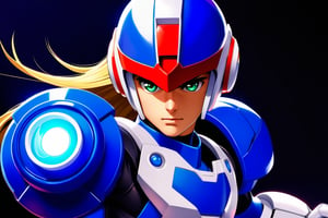 alone, looking at viewer, gloves, 1 boy, mouth closed, long hair, blonde, green eyes, upper body, male focus, white gloves, realistic, shadow_helmet, serious, android, arm cannon, x-buster, blade, electricity, darkness, zero \(mega man\), first_armored, style Akira Kitamura design, perfect details, perfect lines, hyper detailed,SDXL