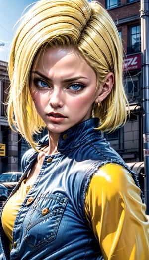 We can visualize the iconic character from the animated series Dragon Ball Z, Old Android 18, full power. (yellow hair:1.9). Perfect blue eyes, with his characteristic (blue denim suit:1.7). Flashes of light and electricity surround his entire body, serious and calculating look. His ki is immense and mystical. He is at the culmination of a great battle for the fate of planet Earth and you can see his wounded body. The image quality and details have to be worthy of one of the most famous characters in all of anime history and honor him as he deserves. which reflects the design style and details of the great Akira Toriyama. full body:1.6, standing, city_street background 



PNG image format, sharp lines and borders, solid blocks of colors, over 300ppp dots per inch, 32k ultra high definition, 530MP, Fujifilm XT3, cinematographic, (photorealistic:1.6), 4D, High definition RAW color professional photos, photo, masterpiece, realistic, ProRAW, realism, photorealism, high contrast, digital art trending on Artstation ultra high definition detailed realistic, detailed, skin texture, hyper detailed, realistic skin texture, facial features, armature, best quality, ultra high res, high resolution, detailed, raw photo, sharp re, lens rich colors hyper realistic lifelike texture dramatic lighting unrealengine trending, ultra sharp, pictorial technique, (sharpness, definition and photographic precision), (contrast, depth and harmonious light details), (features, proportions, colors and textures at their highest degree of realism), (blur background, clean and uncluttered visual aesthetics, sense of depth and dimension, professional and polished look of the image), work of beauty and complexity. perfectly symmetrical body.
(aesthetic + beautiful + harmonic:1.5), (ultra detailed face, ultra detailed perfect eyes, ultra detailed mouth, ultra detailed body, ultra detailed perfect hands, ultra detailed clothes, ultra detailed background, ultra detailed scenery:1.5),



detail_master_XL:0.9,SDXLanime:0.8,LineAniRedmondV2-Lineart-LineAniAF:0.8,EpicAnimeDreamscapeXL:0.8,ManimeSDXL:0.8,Midjourney_Style_Special_Edition_0001:0.8,animeoutlineV4_16:0.8,perfect_light_colors:0.8,SAIYA,Super saiyan 3,yuzu2:0.3,androide18,super Saiyan