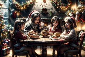 (Imagine a dynamic scene with a family of fifteen members of different ages, sitting in chairs around a long table with Christmas food on top, some eating, some talking to each other, all happy: 1.9). The room is luxurious, it is decorated, it is Christmas Eve, "Christmas" dinner. You can see a huge Christmas tree in the corner of the room. Four of the members are small children and can be seen playing on the floor, while the adults eat. Choose a background that complements your character, creating a cinematic masterpiece with high realism and top-notch image quality.

PNG image format, sharp lines and borders, solid blocks of colors, over 300ppp dots per inch, 32k ultra high definition, 530MP, (photorealistic:1.5), High definition RAW color professional photos, photo, masterpiece, realistic, ProRAW, realism, photorealism, high contrast, digital art trending on Artstation ultra high definition detailed realistic, detailed, skin texture, hyper detailed, realistic skin texture, facial features, armature, best quality, ultra high res, high resolution, detailed, raw photo, sharp re, lens rich colors hyper realistic lifelike texture dramatic lighting unrealengine trending, ultra sharp, perfectly symmetrical body.