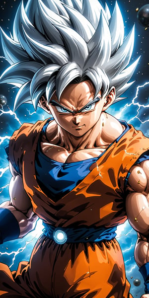 We can visualize the iconic character from the animated series Dragon Ball, Goku, in his maximum ultra instinct transformation, (his hair, eyebrows and eyes pearl gray color:1.9), with his characteristic orange suit. Flashes of light and electricity surround his entire body, a white glow. smiling. His ki is immense and mystical. His look is calm and satisfied. He is at the culmination of a great battle for the fate of his universe, and you can see his injured body. He is prepared to attack with one of his classic poses. The quality of the image and the details have to be worthy of one of the most famous characters in the entire history of anime and honor him as he deserves. which reflects the design style of the great Akira Toriyama.

athletic body. perfect hands and arms. perfectly detailed, defined and symmetrical eyes. highly detailed skin, textured skin, definite body features, detailed shadows, narrow waist. incredible face detail.
aura, (dramatic lighting:1.1). ability to empty your mind and achieve absolute inner calm. (silver eyebrows and eyes:1.9)

16k, masterpiece, best quality, 2D, Extremely detailed, voluminetric lighting, anime, cartoon

clothing,Zombie,lineart,Anime ,3d toon style,line anime,more detail XL,SDXLanime:0.8,LineAniRedmondV2-Lineart-LineAniAF:0.8,EpicAnimeDreamscapeXL:0.8,ManimeSDXL:0.8,Midjourney_Style_Special_Edition_0001:0.8,animeoutlineV4_16:0.8,perfect_light_colors:0.8,LineAniAF,CuteCartoonAF,Girl,aura_power,ultrainstinct_v3_offset:1,Cursed Energy:0.9,ThunderMagic-22:0.8,xl_shanbailing_0927lightning-000010:0.7,Movie Still,mecha,detailmaster2