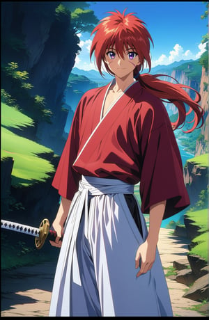 (masterpiece, best quality, ultra HD anime quality, super high resolution, 1980s/(style), retro, anatomically accurate, perfect anatomy), (Himura Kenshin), one boy, solo, (red hair, long hair, low ponytail, thick bangs between eyes, messy hair, purple eyes, highly detailed eyes, facial scar, smiling), highly detailed face, mouth slightly open, looking at camera, red kimono, katana, full body, wearing straw sandals, white hakama pants,





Perfect proportions, Strong brightness, intricate details, vibrant colors, detailed shadows, perfect borders,

PNG image format, sharp lines and borders, solid blocks of colors, over 300ppp dots per inch, (anime:1.9), 2D, High definition RAW color professional photos, photo, masterpiece, ProRAW, high contrast, digital art trending on Artstation ultra high definition detailed anime, detailed, hyper detailed, best quality, ultra high res, high resolution, detailed, sharp re, lens rich colors, ultra sharp, (sharpness, definition and photographic precision), (blur background, clean and uncluttered visual aesthetics, sense of depth and dimension, professional and polished look of the image), work of beauty and complexity. (aesthetic + beautiful + harmonic:1.5), (ultra detailed background, ultra detailed scenery, ultra detailed landscape:1.5),
fidelity and precision,
minute detail, clean image, exact image, polished shading, detailed shading, polychromatic tonal scale, wide tonal scale,Character