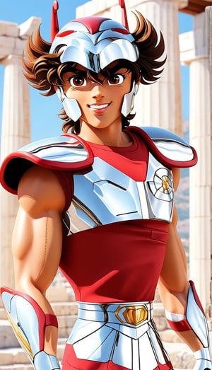 1boy, Seiya Pegasus, solo face, smile, closed mouth, male focus, portrait, perfect, perfect brown hair, perfect brown eyes, perfect brown eyebrows, anime, perfect lines, perfect color, details, 1980s \(style\) , retro artstyle, oficial style, official style, Design by Masami Kurumada, perfect hands, armor, helmet, shoulder pads, belt, red shirt, temple_of_athena_greece_background



Full length view, Perfect Anatomy, Perfect proportions, Strong brightness on the face, Facial details, intricate details, vibrant colors, perfect feet, highly detailed skin, textured skin, defined body features, detailed shadows, narrow waist, aesthetic,



PNG image format, sharp lines and borders, solid blocks of colors, over 300ppp dots per inch, 32k ultra high definition, 530MP, Fujifilm XT3, cinematographic, (anime:1.9), High definition RAW color professional photos, photo, masterpiece, ProRAW, high contrast, digital art trending on Artstation ultra high definition detailed, detailed, skin texture, hyper detailed, facial features, armature, best quality, ultra high res, high resolution, detailed, raw photo, sharp re, lens rich colors hyper realistic lifelike texture dramatic lighting unrealengine trending, ultra sharp, pictorial technique, (sharpness, definition and photographic precision), (contrast, depth and harmonious light details), (features, proportions, colors and textures at their highest degree of realism), (blur background, clean and uncluttered visual aesthetics, sense of depth and dimension, professional and polished look of the image), work of beauty and complexity. perfectly symmetrical body. (aesthetic + beautiful + harmonic:1.5), (ultra detailed face, ultra detailed perfect eyes, ultra detailed mouth, ultra detailed body, ultra detailed perfect hands, ultra detailed clothes, ultra detailed background, ultra detailed scenery:1.5),

,Seiya Pegasus