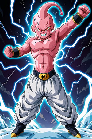 Kid Majin Buu, solo, small, angry, full body, male focus, open mounth, arms up, teeth, serious, pants, grin, colored skin, abs, veins, ((perfect red eyes)), electricity, aura, colored sclera, topless male, white pants, (((black sclera))), pink skin, baggy pants, style Akira Toriyama design, ice_background,



