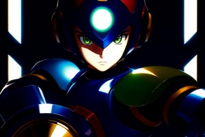 alone, looking at viewer, gloves, 1 boy, mouth closed, long hair, blonde, green eyes, upper body, male focus, white gloves, realistic, shadow_helmet, serious, android, arm cannon, x-buster, blade, electricity, darkness, zero \(mega man\), first_armored, style Akira Kitamura design, perfect details, perfect lines, hyper detailed,SDXL,Tech