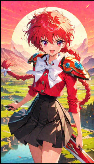 Hikaru Shidou, solo, long hair, smile, open mouth, skirt, red eyes, bow, holding, school uniform, weapon, braid, red hair, pleated skirt, perfect simetrycal sword, black skirt, holding weapon, armor, sparkle, single braid, holding sword, white bow, shoulder armor, red_ flame background, style CLAMP grupe design,


Perfect proportions, Strong brightness, intricate details, vibrant colors, detailed shadows, perfect borders, PNG image format, sharp lines and borders, solid blocks of colors, over 300ppp dots per inch, (anime:1.9), 2D, High definition RAW color professional photos, photo, masterpiece, ProRAW, high contrast, digital art trending on Artstation ultra high definition detailed anime, detailed, hyper detailed, best quality, ultra high res, high resolution, detailed, sharp re, lens rich colors, ultra sharp, (sharpness, definition and photographic precision), (blur background, clean and uncluttered visual aesthetics, sense of depth and dimension, professional and polished look of the image), work of beauty and complexity. (aesthetic + beautiful + harmonic:1.5), (ultra detailed background, ultra detailed scenery, ultra detailed landscape:1.5), fidelity and precision, minute detail, clean image, exact image, polished shading, detailed shading, polychromatic tonal scale, wide tonal scale,


Anine