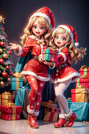 (Imagine a dynamic scene with two happy and fun girls, playing "Gift Wrapping Challenge":1.9). You can see a lit fireplace, a very beautiful white cat sleeping near it. a very beautiful and colorful Christmas tree with many decorations, a small manger next to it.
Choose a background that complements your character, creating a cinematic masterpiece with high realism and top-notch image quality. living room by the fireplace background.

(A loli is blonde with blue eyes, very long hair, Red and white Santa Claus costume for girl, dress, pants, hat, belt, hooded cape and a pair of gloves. The long dress is designed with long sleeves, white plush trim, high waist and white plush:1.7). (the other loli is a brunette with blue eyes, short hair, velvet Christmas costume for a girl decorated with a pretty pompom, pants, hat, jagged decorations and bells to make a clear sound; The shoes are covered with a band at the back for a better fit.Green and red contrast dress makes you a cute Christmas girl:1.7).

PNG image format, sharp lines and edges, solid blocks of colors, 300+ dpi dots per inch, 16k ultra high definition, photorealistic: 1.5, photography, masterpiece, realistic, realism, photorealism, high contrast, digital art trending on Artstation ultra high definition. realistic detailed, detailed, skin texture, hyper detailed, realistic skin texture, facial features, best quality, ultra high resolution, high resolution, detailed, raw photo, sharpness, rich lens colors, hyper realistic realistic texture, lighting dramatic, unrealistic motor tendencies, ultra sharp, intricate details, vibrant colors, perfect feet, sexy legs, perfect hands, sexy arms, highly detailed skin, textured skin, defined body features, detailed shadows, narrow waist , big hips, aesthetic, blush, front view ,Santa Claus,Christmas,chibi