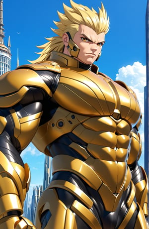 1male, solo, looking at viewer, bangs, golden eyes, perfect eyes, blonde eyelashes, large mechanicals arms, (blonde, long, mohawk, oily, hair), closed mouth, mask, serious, angry, upper body, perfect hands, muscular, muscular male, atlhetic, pectoral, abs, biceps, black bodysuit, ultimate power armor gold_chrome color, realistic, science fiction, mechanical, futuristic, (outdoors, building, sky, tower, city, background), anime, cartoon, 3D, 