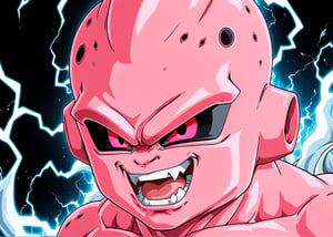 Kid Majin Buu, solo, small, looking at viewer, male focus, evil smile, smile, teeth, grin, colored skin, ((red perfect eyes)), electricity, aura, colored sclera, (((black sclera))), topless male, pink skin, style Akira Toriyama design, ice_background,



