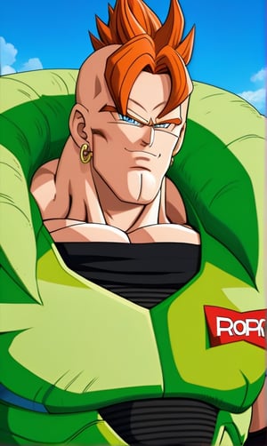 1boy, Android 16, character, male focus, Anime series Dragon Ball Z, style Akira Toriyama design, face features, male, hyper muscular, (posing 3), upper body, perfect eyes, colored skin, blue eyes, spiked hair, orange hair, serious, green armor, black bodysuit, earrings,  1990s \(style\), retro artstyle, perfect lines, perfect color, perfect, hyper detailed, artstyle, official style, cartoon, perfect armor,




Perfect proportions, Strong brightness, intricate details, vibrant colors, detailed shadows, perfect borders,

PNG image format, sharp lines and borders, solid blocks of colors, over 300ppp dots per inch, (anime:1.9), 2D, High definition RAW color professional photos, photo, masterpiece, ProRAW, high contrast, digital art trending on Artstation ultra high definition detailed anime, detailed, hyper detailed, best quality, ultra high res, high resolution, detailed, sharp re, lens rich colors, ultra sharp, (sharpness, definition and photographic precision), (blur background, clean and uncluttered visual aesthetics, sense of depth and dimension, professional and polished look of the image), work of beauty and complexity. (aesthetic + beautiful + harmonic:1.5), (ultra detailed background, ultra detailed scenery, ultra detailed landscape:1.5),
fidelity and precision,
minute detail, clean image, exact image, polished shading, detailed shading, polychromatic tonal scale, wide tonal scale,SDXL