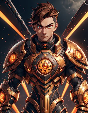 anime:1.4, futuristic:1.4, European and American man_male_manly_boy:1.6, (white sclera), (black pupil), (brown iris), (brown eyebrows and eyelashes, detailed, defined, perfect), perfect symmetry eyes, A fashion model, ultimate shadow warrior armor:1:9, hyper ultra mega armor full power:1.9, tech, strong, warrior, space, war, full, imperial, buster, Brown hair, Brown eyes, 8K, High quality, Masterpiece, Best quality, HD, Extremely detailed, voluminetric lighting, Photorealistic,perfecteyes,3DMM,DonMCyb3rN3cr0XL,DonMCyb3rN3cr0XL,s4suk3,Silk4rmor,emb3r4rmor