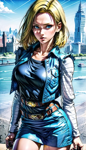 We can visualize the iconic character from the animated series Dragon Ball Z, Old Android 18, full power. (yellow hair:1.9). Perfect blue eyes, with his characteristic traje (She wears a black sleeveless shirt, a striped shirt, a dark blue denim vest, a blue denim skirt, and a brown leather belt with a large buckle:1.7). Flashes of light and electricity surround his entire body, serious and calculating look. His ki is immense and mystical. He is at the culmination of a great battle for the fate of planet Earth and you can see his wounded body. The image quality and details have to be worthy of one of the most famous characters in all of anime history and honor him as he deserves. which reflects the design style and details of the great Akira Toriyama. (full body), standing, city_street background 



PNG image format, sharp lines and borders, solid blocks of colors, over 300ppp dots per inch, 32k ultra high definition, 530MP, Fujifilm XT3, cinematographic, (photorealistic:1.6), 4D, High definition RAW color professional photos, photo, masterpiece, realistic, ProRAW, realism, photorealism, high contrast, digital art trending on Artstation ultra high definition detailed realistic, detailed, skin texture, hyper detailed, realistic skin texture, facial features, armature, best quality, ultra high res, high resolution, detailed, raw photo, sharp re, lens rich colors hyper realistic lifelike texture dramatic lighting unrealengine trending, ultra sharp, pictorial technique, (sharpness, definition and photographic precision), (contrast, depth and harmonious light details), (features, proportions, colors and textures at their highest degree of realism), (blur background, clean and uncluttered visual aesthetics, sense of depth and dimension, professional and polished look of the image), work of beauty and complexity. perfectly symmetrical body.
(aesthetic + beautiful + harmonic:1.5), (ultra detailed face, ultra detailed perfect eyes, ultra detailed mouth, ultra detailed body, ultra detailed perfect hands, ultra detailed clothes, ultra detailed background, ultra detailed scenery:1.5),



detail_master_XL:0.9,SDXLanime:0.8,LineAniRedmondV2-Lineart-LineAniAF:0.8,EpicAnimeDreamscapeXL:0.8,ManimeSDXL:0.8,Midjourney_Style_Special_Edition_0001:0.8,animeoutlineV4_16:0.8,perfect_light_colors:0.8,SAIYA,Super saiyan 3,yuzu2:0.3,androide18,super Saiyan,Android_18_DB