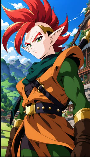 1boy, Tapion, character, Anime series Dragon Ball Z, style design Akira Toriyama, male focus, serious, frown, perfect facial features, colored skin, green eyes, pointy ears, front view, spiked hair, red hair,  1990s \(style\), retro artstyle, perfect lines, perfect color, perfect, hyper detailed, artstyle, official style, cartoon,




Perfect proportions, Strong brightness, intricate details, vibrant colors, detailed shadows, perfect borders,

PNG image format, sharp lines and borders, solid blocks of colors, over 300ppp dots per inch, (anime:1.9), 2D, High definition RAW color professional photos, photo, masterpiece, ProRAW, high contrast, digital art trending on Artstation ultra high definition detailed anime, detailed, hyper detailed, best quality, ultra high res, high resolution, detailed, sharp re, lens rich colors, ultra sharp, (sharpness, definition and photographic precision), (blur background, clean and uncluttered visual aesthetics, sense of depth and dimension, professional and polished look of the image), work of beauty and complexity. (aesthetic + beautiful + harmonic:1.5), (ultra detailed background, ultra detailed scenery, ultra detailed landscape:1.5),
fidelity and precision,
minute detail, clean image, exact image, polished shading, detailed shading, polychromatic tonal scale, wide tonal scale,

