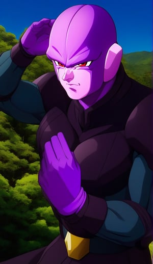 1boy, Hitto, alien, character, Anime series Dragon Ball Super, style design Akira Toriyama, male focus, upper body, open hands, perfect hands, (arms up), frown, perfect facial features, colored skin, (light_purple skin), red eyes, black belt, long black suit, teal body suit, black boots, black armor, no gloves,  looking at viewer, perfect lines, perfect color, perfect, hyper detailed, artstyle, official style, cartoon, Perfect proportions, Strong brightness, intricate details, vibrant colors, detailed shadows, perfect borders, (forest background), 



PNG image format, sharp lines and borders, solid blocks of colors, over 300ppp dots per inch, (anime:1.9), 2D, High definition RAW color professional photos, photo, masterpiece, ProRAW, high contrast, digital art trending on Artstation ultra high definition detailed anime, detailed, hyper detailed, best quality, ultra high res, high resolution, detailed, sharp re, lens rich colors, ultra sharp, (sharpness, definition and photographic precision), (blur background, clean and uncluttered visual aesthetics, sense of depth and dimension, professional and polished look of the image), work of beauty and complexity. (aesthetic + beautiful + harmonic:1.5), (ultra detailed background, ultra detailed scenery, ultra detailed landscape:1.5), fidelity and precision, minute detail, clean image, exact image, polished shading, detailed shading, polychromatic tonal scale, wide tonal scale,ANIME,photorealistic,Hit,Dragon