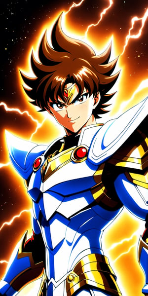 We can visualize the iconic character from the animated series Saint Seiya, Pegasus Seiya, wearing the powerful Pegasus armor, (brown hair, wide sideburns, pronounced eyebrows: 1.9), (chocolate eyes: 1.9), (tone of dark skin: 1.9), upturned nose, wearing pegasus armor, white, shiny, red details. Flashes of light and electricity surround his entire body, a white glow. smiling. His cosmoenergy is immense, managing to reach the seventh sense. His look is brave and defiant, he never gives up. He is at the culmination of a great battle to save the goddess Athena and you can see his wounded body. remembering the epic battle against the Gemini saga. He is prepared to attack with one of his classic poses. The image quality and details have to be worthy of one of the most famous characters in all of anime history and honor him as he deserves. reflecting the design style of the great Masami Kurumada.

athletic body. perfect hands and arms. perfectly detailed, defined and symmetrical eyes. highly detailed skin, textured skin, definite body features, detailed shadows, narrow waist. incredible face detail.
aura, (dramatic lighting:1.1). 80s style anime.
short stature. 13 years old in appearance.

16k, masterpiece, best quality, 2D, Extremely detailed, voluminetric lighting, anime, cartoon

clothing,Zombie,lineart,Anime ,3d toon style,line anime,more detail XL,SDXLanime:0.8,LineAniRedmondV2-Lineart-LineAniAF:0.8,EpicAnimeDreamscapeXL:0.8,ManimeSDXL:0.8,Midjourney_Style_Special_Edition_0001:0.8,animeoutlineV4_16:0.8,perfect_light_colors:0.8,LineAniAF,CuteCartoonAF,Girl,aura_power,ultrainstinct_v3_offset:1,Cursed Energy:0.9,ThunderMagic-22:0.8,xl_shanbailing_0927lightning-000010:0.7,mecha,detailmaster2,Cute Cartoon,Color
