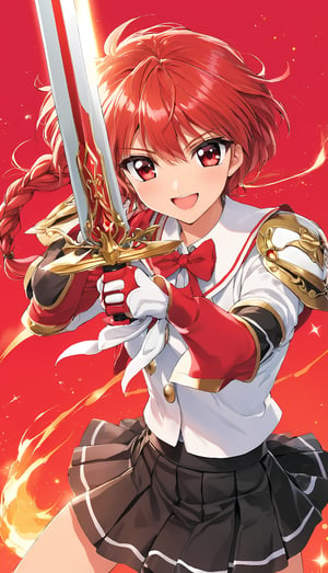 Hikaru Shidou, solo, long hair, smile, open mouth, skirt, red eyes, bow, holding, school uniform, weapon, braid, red hair, pleated skirt, perfect simetrycal sword, black skirt, holding weapon, armor, sparkle, single braid, holding sword, white bow, shoulder armor, red_ flame background, style CLAMP grupe design,Anine