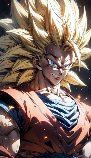 We can visualize the iconic character from the animated series Dragon Ball Z, Goku, in his super saiyan phase 3 transformation. (his extremely long, loose, yellow hair:1.9). (very very long hair:1.9). (without eyebrows, eyebrow alopecia:1.9). (total loss of eyebrow hair:1.9). blue eyes, with his characteristic orange suit. Flashes of light and electricity surround his entire body, a yellow glow. smiling, smug. His ki is immense and mystical. His look is wild. He is at the culmination of a great battle for the fate of planet Earth and you can see his wounded body. The image quality and details have to be worthy of one of the most famous characters in all of anime history and honor him as he deserves. which reflects the design style and details of the great Akira Toriyama. full body



PNG image format, sharp lines and borders, solid blocks of colors, over 300ppp dots per inch, 32k ultra high definition, 530MP, Fujifilm XT3, cinematographic, (anime:1.6), 4D, High definition RAW color professional photos, photo, masterpiece, realistic, ProRAW, realism, photorealism, high contrast, digital art trending on Artstation ultra high definition detailed realistic, detailed, skin texture, hyper detailed, realistic skin texture, facial features, armature, best quality, ultra high res, high resolution, detailed, raw photo, sharp re, lens rich colors hyper realistic lifelike texture dramatic lighting unrealengine trending, ultra sharp, pictorial technique, (sharpness, definition and photographic precision), (contrast, depth and harmonious light details), (features, proportions, colors and textures at their highest degree of realism), (blur background, clean and uncluttered visual aesthetics, sense of depth and dimension, professional and polished look of the image), work of beauty and complexity. perfectly symmetrical body.
(aesthetic + beautiful + harmonic:1.5), (ultra detailed face, ultra detailed eyes, ultra detailed mouth, ultra detailed body, ultra detailed perfect hands, ultra detailed clothes, ultra detailed background, ultra detailed scenery:1.5),



detail_master_XL:0.9,SDXLanime:0.8,LineAniRedmondV2-Lineart-LineAniAF:0.8,EpicAnimeDreamscapeXL:0.8,ManimeSDXL:0.8,Midjourney_Style_Special_Edition_0001:0.8,animeoutlineV4_16:0.8,perfect_light_colors:0.8,SAIYA,Super saiyan 3