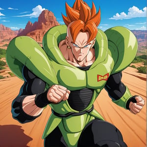 1boy, Android 16, character, male focus, Anime series Dragon Ball Z, style Akira Toriyama design, face features, male, hyper muscular, (posing 3), upper body, colored skin, blue eyes, spiked hair, orange hair, green armor, black bodysuit, earrings,  1990s \(style\), retro artstyle, perfect lines, perfect color, perfect, hyper detailed, artstyle, official style, cartoon, perfect armor,




Perfect proportions, Strong brightness, intricate details, vibrant colors, detailed shadows, perfect borders,

PNG image format, sharp lines and borders, solid blocks of colors, over 300ppp dots per inch, (anime:1.9), 2D, High definition RAW color professional photos, photo, masterpiece, ProRAW, high contrast, digital art trending on Artstation ultra high definition detailed anime, detailed, hyper detailed, best quality, ultra high res, high resolution, detailed, sharp re, lens rich colors, ultra sharp, (sharpness, definition and photographic precision), (blur background, clean and uncluttered visual aesthetics, sense of depth and dimension, professional and polished look of the image), work of beauty and complexity. (aesthetic + beautiful + harmonic:1.5), (ultra detailed background, ultra detailed scenery, ultra detailed landscape:1.5),
fidelity and precision,
minute detail, clean image, exact image, polished shading, detailed shading, polychromatic tonal scale, wide tonal scale,SDXL