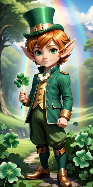 (male:1.9), solo, (((1male_Leprechaun_elf_old_chibi_small:1.9))), (reddish curly hair), (reddish eyebrows, beard and sideburns), fantasy, (St. Patrick's Day Deluxe Costume Set: Bright green jacket, silver buttons, green leggings, large brown shoes with chunky silver buckles, and high-crowned green tricorn hat:1.9), (clay pot full of gold coins, golden horseshoe), (in his right hand holding a four-leaf clover:1.9), perfect face, perfect eyes, perfect_arms, perfect hands, perfect legs, wearing an intricate details, (fields_ireland_rainbow_background:1.9), (((full_body:1.9))).




by Greg Rutkowski, artgerm, Greg Hildebrandt, and Mark Brooks, full body, Full length view, PNG image format, sharp lines and borders, solid blocks of colors, over 300ppp dots per inch, 32k ultra high definition, 530MP, Fujifilm XT3, cinematographic, (photorealistic:1.6), 4D, High definition RAW color professional photos, photo, masterpiece, realistic, ProRAW, realism, photorealism, high contrast, digital art trending on Artstation ultra high definition detailed realistic, detailed, skin texture, hyper detailed, realistic skin texture, facial features, armature, best quality, ultra high res, high resolution, detailed, raw photo, sharp re, lens rich colors hyper realistic lifelike texture dramatic lighting unrealengine trending, ultra sharp, pictorial technique, (sharpness, definition and photographic precision), (contrast, depth and harmonious light details), (features, proportions, colors and textures at their highest degree of realism), (blur background, clean and uncluttered visual aesthetics, sense of depth and dimension, professional and polished look of the image), work of beauty and complexity. perfectly complete symmetrical body.
(aesthetic + beautiful + harmonic:1.5), (ultra detailed face, ultra detailed eyes, ultra detailed mouth, ultra detailed body, ultra detailed hands, ultra detailed clothes, ultra detailed background, ultra detailed scenery:1.5),

3d_toon_xl:0.8, JuggerCineXL2:0.9, detail_master_XL:0.9, detailmaster2.0:0.9, perfecteyes-000007:1.3,more detail XL,SDXLanime:0.8, LineAniRedmondV2-Lineart-LineAniAF:0.8, EpicAnimeDreamscapeXL:0.8, ManimeSDXL:0.8, Midjourney_Style_Special_Edition_0001:0.8, animeoutlineV4_16:0.8, perfect_light_colors:0.8, CuteCartoonAF, Color, multicolor,Extremely Realistic,photo r3al,Stylish