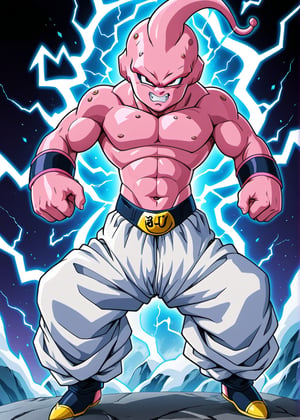 Kid Majin Buu, solo, small, looking at viewer, angry, navel, full body, male focus, teeth, serious, pants, grin, colored skin, abs, veins, perfect eyes, electricity, aura, colored sclera, topless male, white pants, black sclera, pink skin, baggy pants, style Akira Toriyama design, ice_background,



