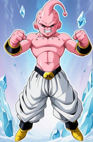 Kid Majin Buu, solo, small, looking at viewer, angry, navel, full body, male focus, teeth, serious, pants, grin, colored skin, abs, colored sclera, topless male, white pants, black sclera, pink skin, baggy pants, style Akira Toriyama design, ice_background,



