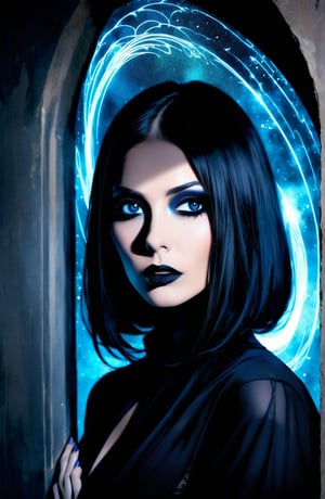 A surreal, otherworldly portrait of a dark-haired, enigmatic female figure radiates an unsettling presence. Her piercing black eyes with jet-black sclera seem to bore into the soul, as if fueled by cosmic power. A Styrofoam-like aura surrounds her, evoking the supernatural and fantastical. In the background, a UFO-shaped portal or gateway glows ominously, hinting at her otherworldly origins. The image is bathed in an eerie, dark blue light, with subtle shading accentuating the subject's imposing, deity-like stature.