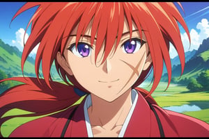 (masterpiece, best quality, ultra HD anime quality, super high resolution, 1980s/(style), retro, anatomically accurate, perfect anatomy), (Himura Kenshin), one boy, solo, (red hair, long hair, low ponytail, thick bangs between eyes, messy hair, purple eyes, highly detailed eyes, facial scar, smiling), highly detailed face, mouth slightly open, looking at camera, cowboy shot, red kimono, katana, 





Perfect proportions, Strong brightness, intricate details, vibrant colors, detailed shadows, perfect borders,

PNG image format, sharp lines and borders, solid blocks of colors, over 300ppp dots per inch, (anime:1.9), 2D, High definition RAW color professional photos, photo, masterpiece, ProRAW, high contrast, digital art trending on Artstation ultra high definition detailed anime, detailed, hyper detailed, best quality, ultra high res, high resolution, detailed, sharp re, lens rich colors, ultra sharp, (sharpness, definition and photographic precision), (blur background, clean and uncluttered visual aesthetics, sense of depth and dimension, professional and polished look of the image), work of beauty and complexity. (aesthetic + beautiful + harmonic:1.5), (ultra detailed background, ultra detailed scenery, ultra detailed landscape:1.5),
fidelity and precision,
minute detail, clean image, exact image, polished shading, detailed shading, polychromatic tonal scale, wide tonal scale,Character