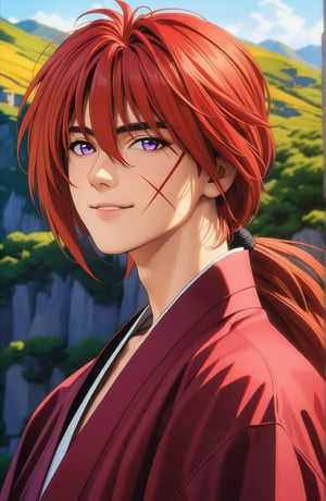 (masterpiece, best quality, ultra HD anime quality, super high resolution, 1980s/(style), retro, anatomically accurate, perfect anatomy), (Himura Kenshin), one boy, solo, (red hair, long hair, low ponytail, thick bangs between eyes, messy hair, purple eyes, highly detailed eyes, facial scar, smiling), highly detailed face, mouth slightly open, looking at camera, red kimono, katana, upper body, wearing straw sandals, white hakama pants, side view,





Perfect proportions, Strong brightness, intricate details, vibrant colors, detailed shadows, perfect borders,

PNG image format, sharp lines and borders, solid blocks of colors, over 300ppp dots per inch, (anime:1.9), 2D, High definition RAW color professional photos, photo, masterpiece, ProRAW, high contrast, digital art trending on Artstation ultra high definition detailed anime, detailed, hyper detailed, best quality, ultra high res, high resolution, detailed, sharp re, lens rich colors, ultra sharp, (sharpness, definition and photographic precision), (blur background, clean and uncluttered visual aesthetics, sense of depth and dimension, professional and polished look of the image), work of beauty and complexity. (aesthetic + beautiful + harmonic:1.5), (ultra detailed background, ultra detailed scenery, ultra detailed landscape:1.5),
fidelity and precision,
minute detail, clean image, exact image, polished shading, detailed shading, polychromatic tonal scale, wide tonal scale,Character