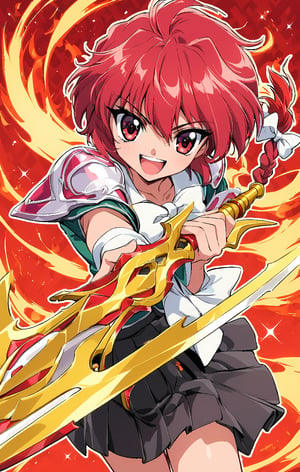 Hikaru Shidou, solo, long hair, smile, open mouth, skirt, red eyes, bow, holding, school uniform, weapon, braid, red hair, pleated skirt, perfect simetrycal sword, black skirt, holding weapon, armor, sparkle, single braid, holding sword, white bow, shoulder armor, fire_flame background, style CLAMP grupe design,Anine