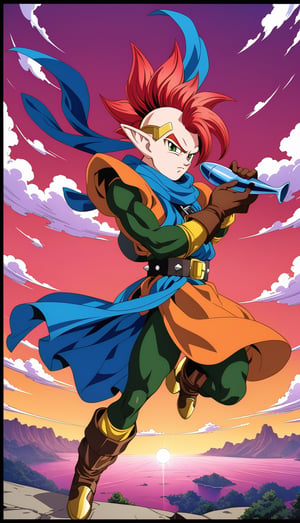 1boy, Tapion, character, Anime series Dragon Ball Z, style design Akira Toriyama, male focus, serious, frown, perfect facial features, colored skin, green eyes, pointy ears, front view, spiked hair, red hair, cloud, belt, tunic, full body, boots, instrument, blue scarf, brown gloves, circlet, full body, standing, playing his ocarina, red sky, 1990s \(style\), retro artstyle, perfect lines, perfect color, perfect, hyper detailed, artstyle, official style, cartoon,




Perfect proportions, Strong brightness, intricate details, vibrant colors, detailed shadows, perfect borders,

PNG image format, sharp lines and borders, solid blocks of colors, over 300ppp dots per inch, (anime:1.9), 2D, High definition RAW color professional photos, photo, masterpiece, ProRAW, high contrast, digital art trending on Artstation ultra high definition detailed anime, detailed, hyper detailed, best quality, ultra high res, high resolution, detailed, sharp re, lens rich colors, ultra sharp, (sharpness, definition and photographic precision), (blur background, clean and uncluttered visual aesthetics, sense of depth and dimension, professional and polished look of the image), work of beauty and complexity. (aesthetic + beautiful + harmonic:1.5), (ultra detailed background, ultra detailed scenery, ultra detailed landscape:1.5),
fidelity and precision,
minute detail, clean image, exact image, polished shading, detailed shading, polychromatic tonal scale, wide tonal scale,

