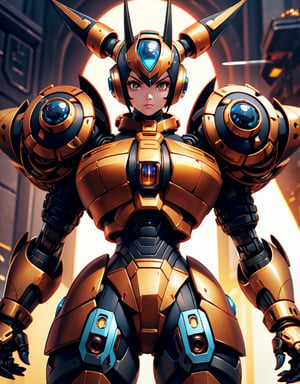 European and American women, A fashion model, shadow armor megaman x6:1:9, hyper ultra mega armor full power:1.9, helmet with long horns:1.5, tech, strong, warrior, space, war, full, imperial, buster, large mechanical arms:1.6, Glamour, paparazzi taking pictures of her, brown hair, Brown eyes, 8K, High quality, Masterpiece, Best quality, HD, Extremely detailed, voluminetric lighting, Photorealistic,perfecteyes,3DMM,DonMCyb3rN3cr0XL,mechanical arms