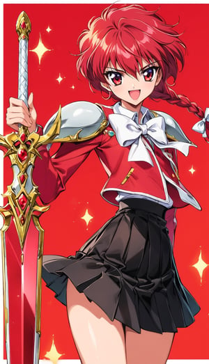 Hikaru Shidou, solo, long hair, smile, open mouth, skirt, red eyes, bow, holding, school uniform, weapon, braid, red hair, pleated skirt, perfect simetrycal sword, black skirt, holding weapon, armor, sparkle, single braid, holding sword, white bow, shoulder armor, red_ flame background, style CLAMP grupe design,Anine
