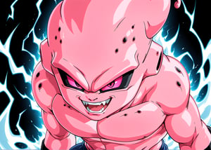 Kid Majin Buu, solo, small, looking at viewer, male focus, evil smile, smile, teeth, grin, colored skin, red perfect eyes, electricity, aura, colored sclera, (((black sclera))), topless male, pink skin, style Akira Toriyama design, ice_background,



