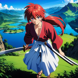 (masterpiece, best quality, ultra HD anime quality, super high resolution, 1980s/(style), retro, anatomically accurate, perfect anatomy), (Himura Kenshin), one boy, solo, (red hair, long hair, low ponytail, thick bangs between eyes, messy hair, purple eyes, highly detailed eyes, facial scar, smiling), highly detailed face, mouth slightly open, looking at camera, red kimono, katana, full body, wearing straw sandals, white hakama pants,





Perfect proportions, Strong brightness, intricate details, vibrant colors, detailed shadows, perfect borders,

PNG image format, sharp lines and borders, solid blocks of colors, over 300ppp dots per inch, (anime:1.9), 2D, High definition RAW color professional photos, photo, masterpiece, ProRAW, high contrast, digital art trending on Artstation ultra high definition detailed anime, detailed, hyper detailed, best quality, ultra high res, high resolution, detailed, sharp re, lens rich colors, ultra sharp, (sharpness, definition and photographic precision), (blur background, clean and uncluttered visual aesthetics, sense of depth and dimension, professional and polished look of the image), work of beauty and complexity. (aesthetic + beautiful + harmonic:1.5), (ultra detailed background, ultra detailed scenery, ultra detailed landscape:1.5),
fidelity and precision,
minute detail, clean image, exact image, polished shading, detailed shading, polychromatic tonal scale, wide tonal scale,Character